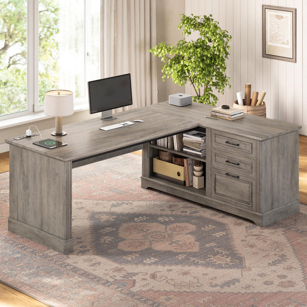 L-Shaped Farmhouse Desk with Drawers & Power Outlets