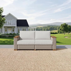 Outdoor Wicker Patio Sectional Sofa Set with Wood Armrests