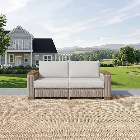 Outdoor Wicker Patio Sectional Sofa Set with Wood Armrests