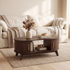Dual Oval Coffee Table with Storage & Sliding Tambour Door