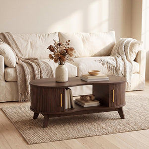Dual Oval Coffee Table with Storage & Sliding Tambour Door