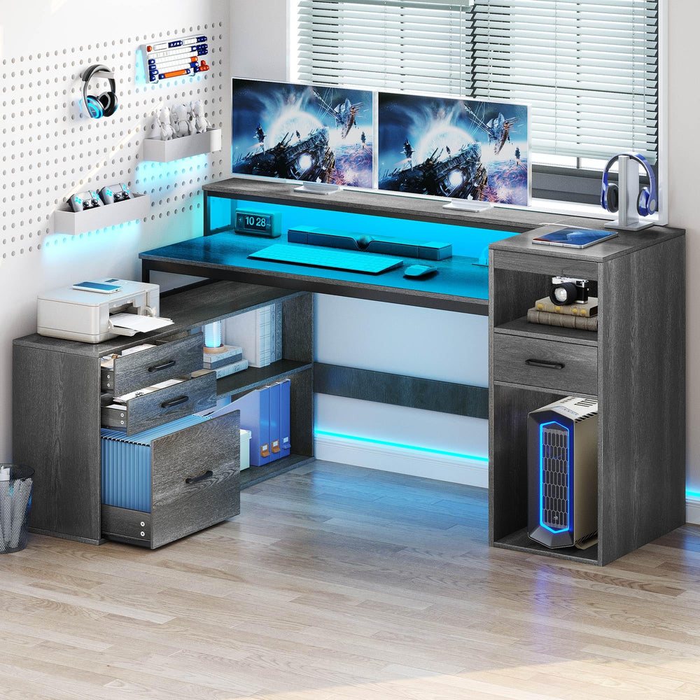 59" L-Shaped Desk with Drawers, File Cabinet, LED Lights & Power Outlets