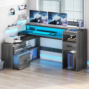 59" L-Shaped Desk with Drawers, File Cabinet, LED Lights & Power Outlets