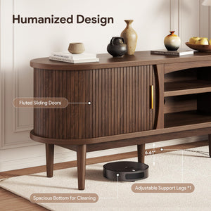 Mid-Century TV Stand with Power Outlets & Fluted Sliding Doors