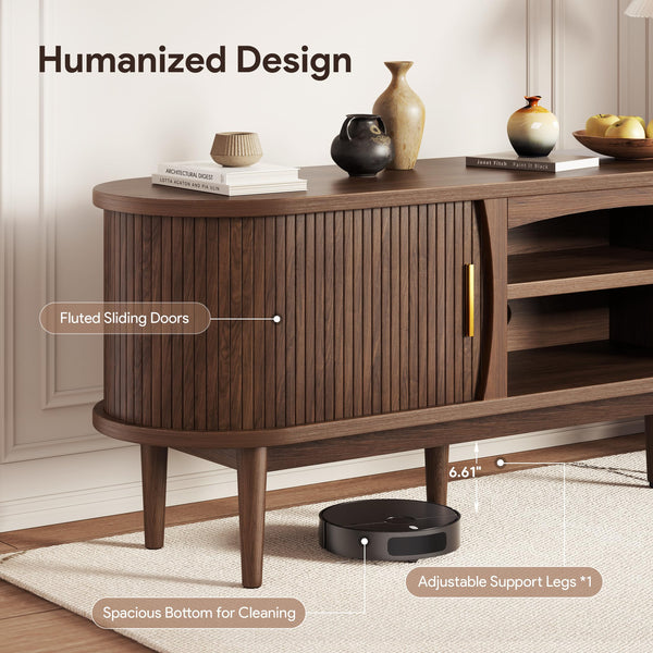 Mid-Century TV Stand with Power Outlets & Fluted Sliding Doors
