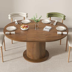 Adjustable Round Dining Table with Wood Strip Base
