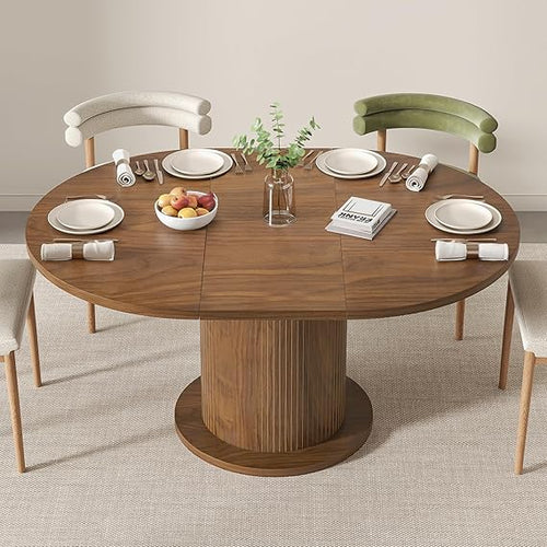 Adjustable Round Dining Table with Wood Strip Base