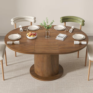 Adjustable Round Dining Table with Wood Strip Base