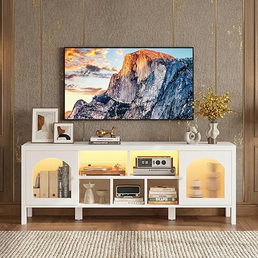 TV Stand with LED Light & Power Outlet, Arched Glass Doors