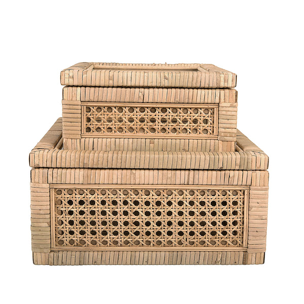Rattan & Wood Display Boxes with Glass Top – Set of 2