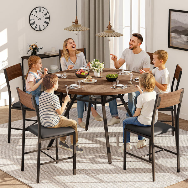 47" Round Dining Table Set for 6 with Chairs, Walnut Wood Grain