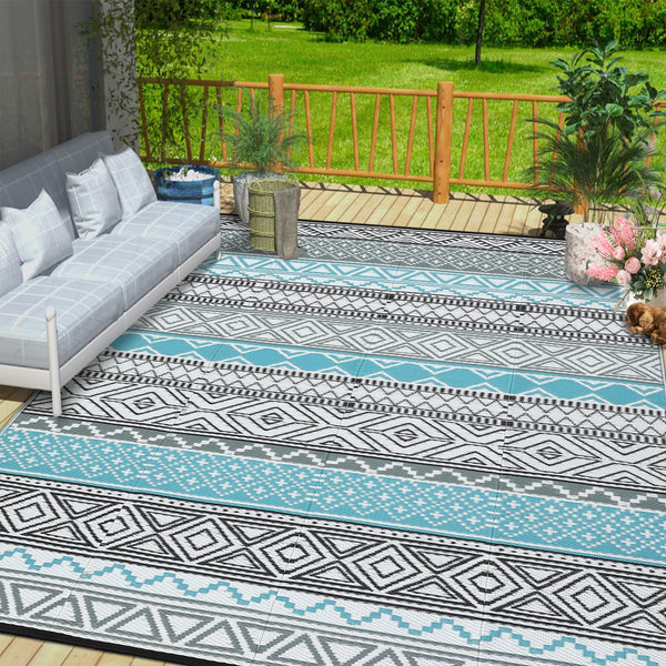 Outdoor Waterproof Reversible Patio Rug 10x14 – Polypropylene, Bohemian Blue/Grey
