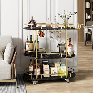 3-Tier Metal Bar Cart with Wine Rack & Glass Holder