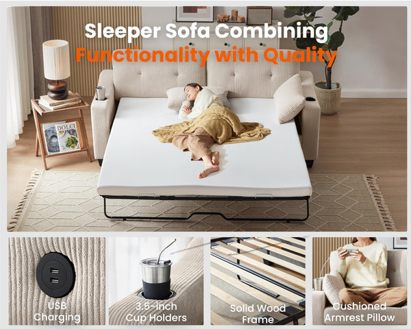 2-in-1 Pull Out Sleeper Sofa Bed with Memory Foam Mattress