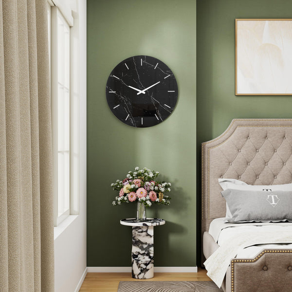 Large Round Wall Clock – Black Marble Glass, Silent Quartz, 23.62"