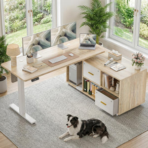 L-Shaped Height Adjustable Standing Desk with Privacy Panel, Drawers & Shelves, 61.4" x 47.2" – Maple