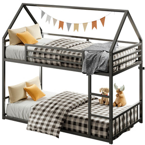 Twin Over Twin House Bunk Bed with Metal Frame, Ladder & Guardrail