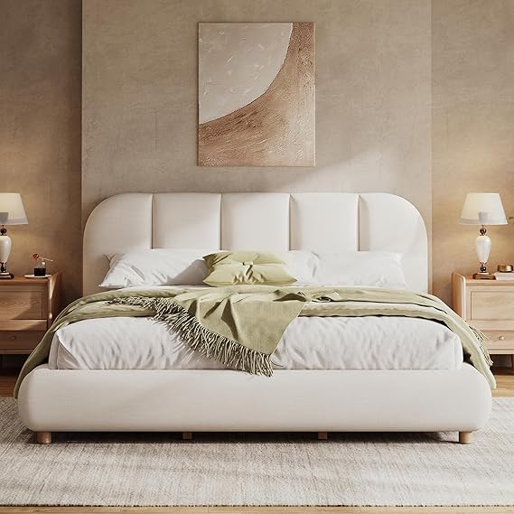 Linen Upholstered Platform Bed Frame with Curved Headboard