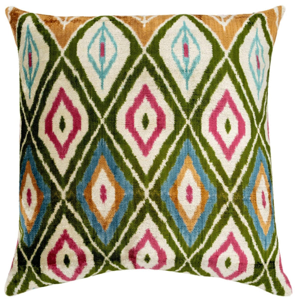 Handmade Multicolor Velvet Throw Pillow – Diamond Ikat, 20x20"