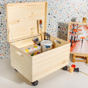 XXL Wooden Storage Box with Hinged Lid, Wheels & Handles