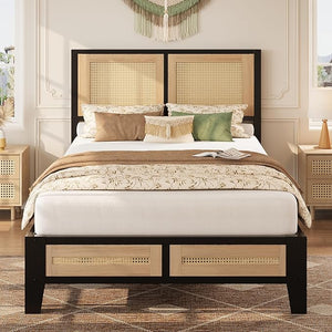 Boho Platform Bed Frame with Rattan Headboard & Underbed Storage