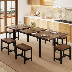 Extendable Dining Table Set with 6 Stools, Metal Frame & MDF, 63"