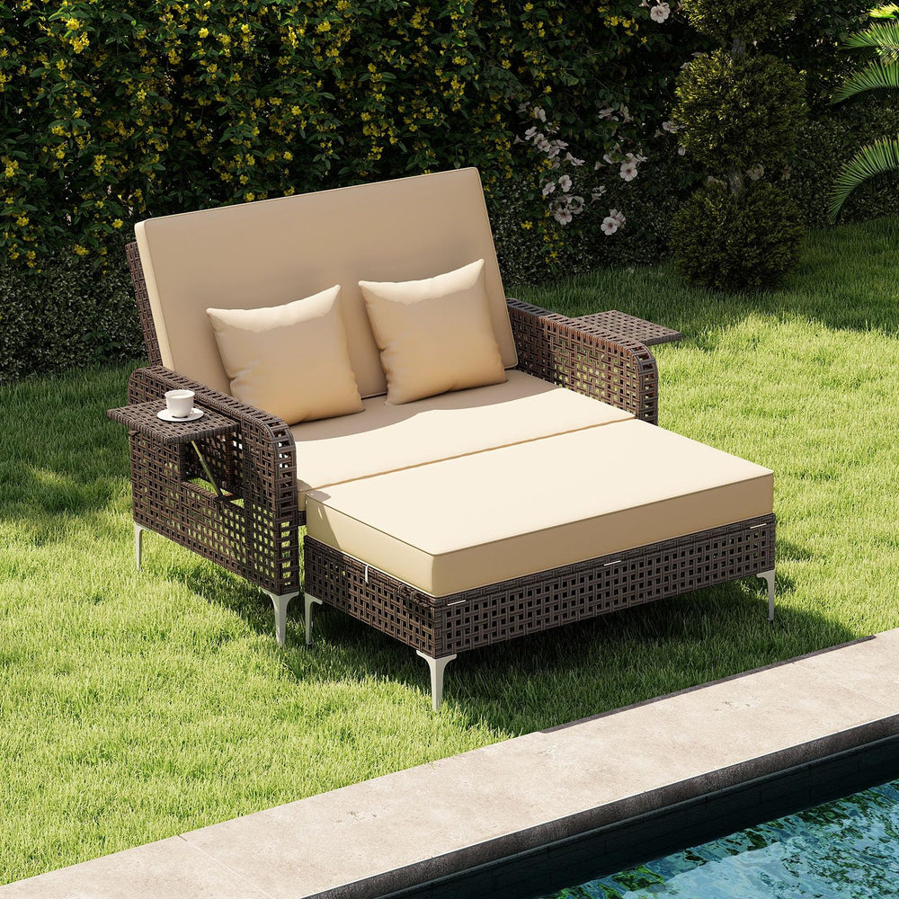 Patio Rattan Daybed with Adjustable Backrest & Storage Ottoman