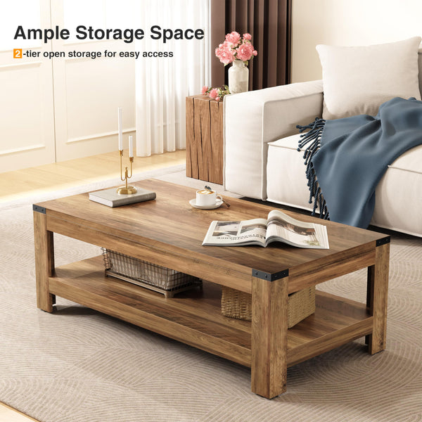 Farmhouse Coffee Table with Storage – 2-Tier Industrial Wood Center Table