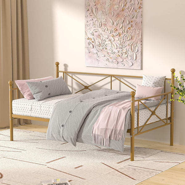 VECELO Daybed Twin Size, Day Bed Frame with Headboard, Heavy-Duty Metal Slats Support Platform for Living Room, Guest Room, Easy Assembly, White