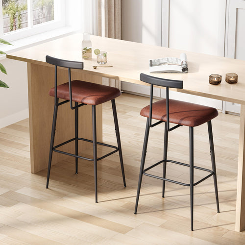 Industrial Bar Stools Set of 2 with PU Leather Cushion & Footrest