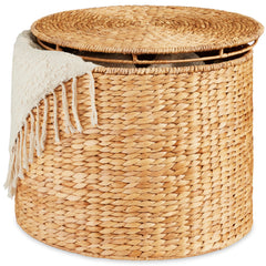 Round Water Hyacinth Storage Ottoman with Lid