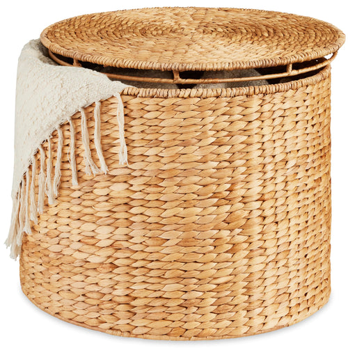 Round Water Hyacinth Storage Ottoman with Lid