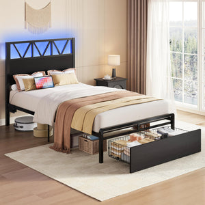 Twin XL Storage Bed Frame with LED Lights & Charging Station