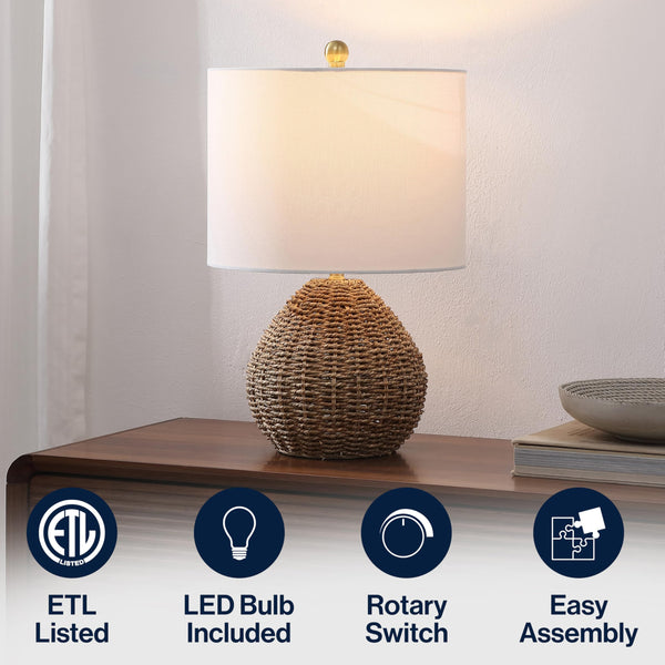 Brown Rattan LED Table Lamp with White Linen Drum Shade