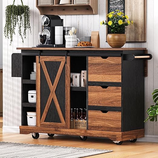 Rolling Kitchen Island with Drop Leaf Countertop & Power Outlets