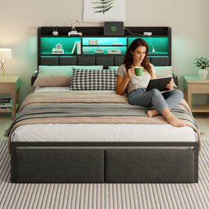 Full Size Bed Frame with Storage Drawers, Charging Station & LED Lights