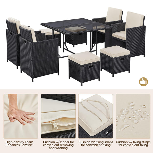 9-Piece Outdoor Patio Dining Set with Glass Table & Rattan Chairs