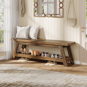 55" Wood Entryway Bench with Shoe Storage & Open Shelves