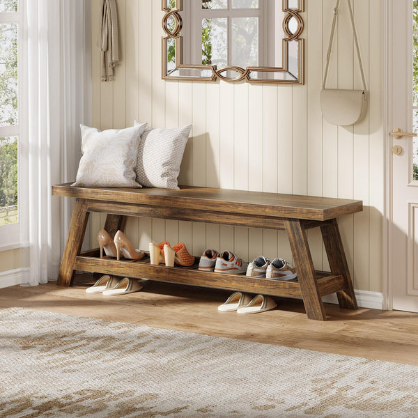 55" Wood Entryway Bench with Shoe Storage & Open Shelves