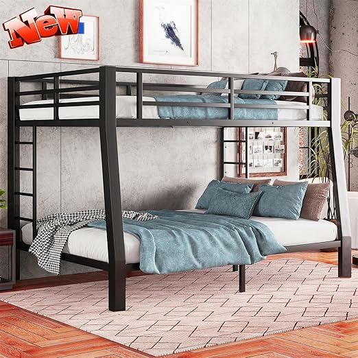 Heavy Duty Metal Bunk Bed with Guardrails & Ladder