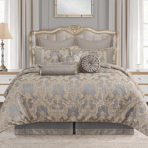 9-Piece Jacquard Comforter Set – Gray & Beige Brown Damask