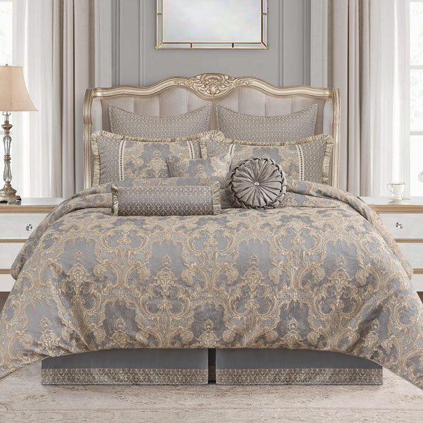 9-Piece Jacquard Comforter Set – Gray & Beige Brown Damask