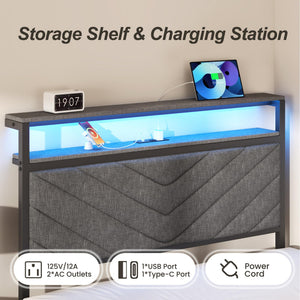 LED Storage Platform Bed with Charging Station & Upholstered Headboard