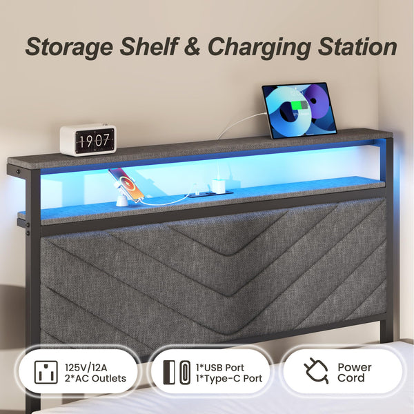 LED Storage Platform Bed with Charging Station & Upholstered Headboard