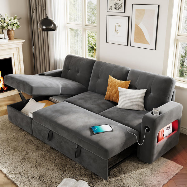 L-Shaped Sleeper Sofa with Storage & Charging Station