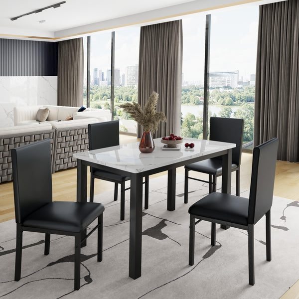 5-Piece Dining Table Set with Faux Marble Top & Metal Frame
