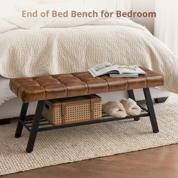 45" Tufted Faux Leather Storage Bench with Metal Frame