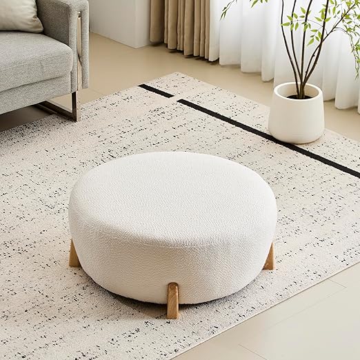 Round Boucle Ottoman with Wooden Legs