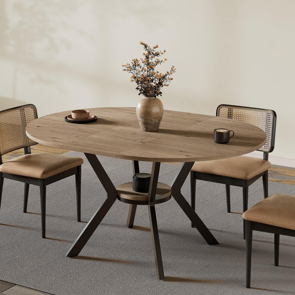 42–58" Extendable Round to Oval Dining Table with Hidden Leaves & Storage Shelf, Seats 4–6