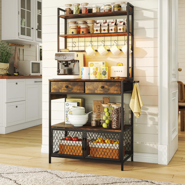 5-Tier Bakers Rack with Power Outlet, LED Lights & Drawers